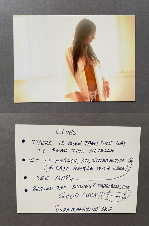 Note with text and a photo of a person on a gray background