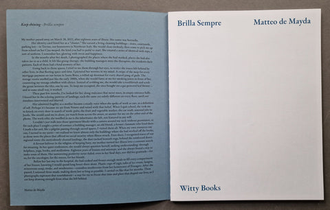 An open book showing two pages side by side. The left page is light blue with dense black text, and the right page is white with the title 'Brilla Sempre' at the top and 'Witty Books' at the bottom.