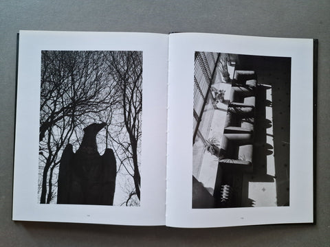 An open book, showing two black-and-white photographic prints on the pages: a silhouetted bird statue among bare trees on the left page and a high-angle architectural scene on the right page.