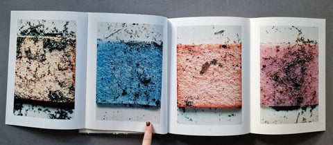 An open art book, showing four printed panels with textured rectangular color samples in black, blue, peach-pink, and dusty rose. 