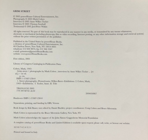 Image of copy-write page of Grim Street by Mark Cohen