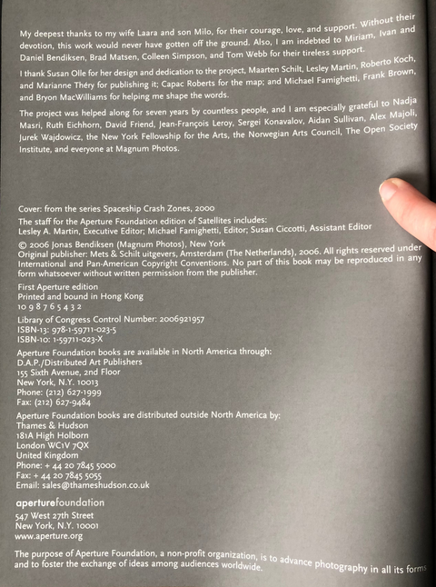 Image of copy-write page of Satellites by Jonas Bendiksen
