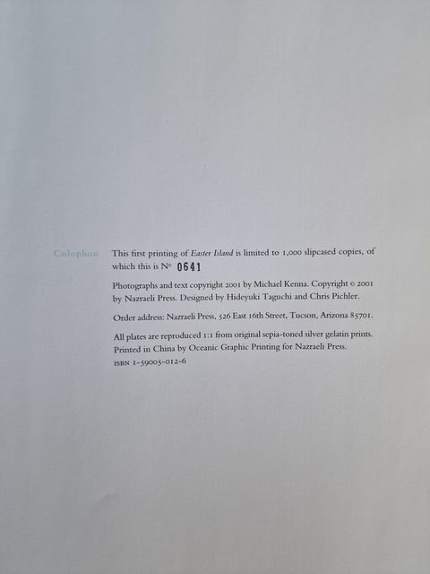 copyright page of Kenna's Easter Island indicating that this copy is number 641