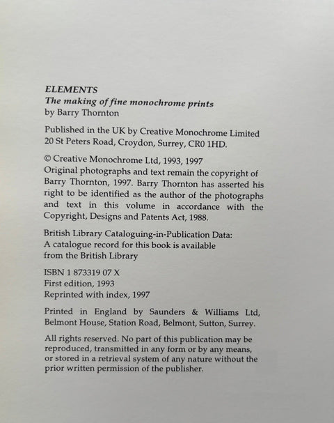 Elements: The Making of Fine Monochrome Prints - Setanta Books