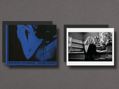 Cover of Entre temps by Raymond Depardon in navy accompanied by a signed limited edition print of a woman standing at a bar with her back to the camera