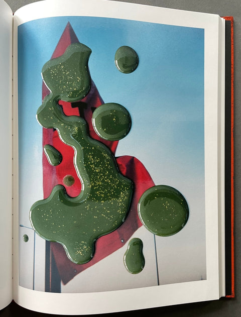 An open book or magazine showing a printed photograph or artwork on the page. The depicted scene has a blue sky background with a large red abstract shape and glossy dark green gel-like blobs with gold glitter, photographed from above on a dark surface.