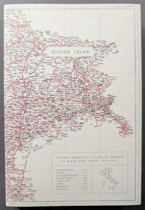 A photobook cover showing a vintage-style map print, titled 'HIDDEN ISLAM' showing Islamic madrasht places of worship in North East Italy, 1949-1951, with red route lines and black text on an off-white background. 
