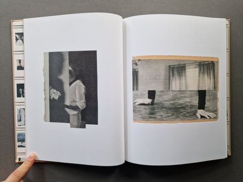 An open book, showing two interior pages with black-and-white photographic collages.