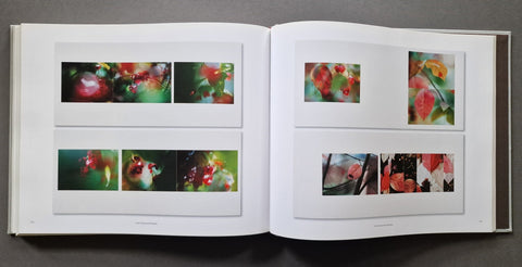 An open hardcover art book displaying two white pages filled with multiple small square color photographs of red, green, and orange floral or abstract botanical scenes.