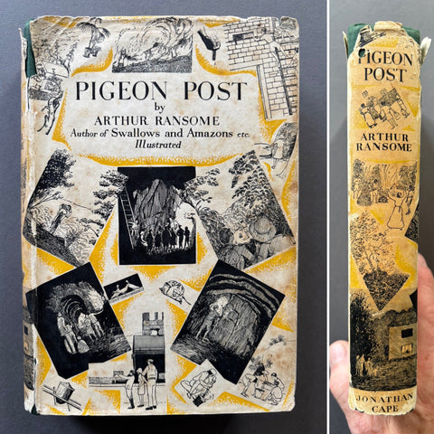 Book titled 'Pigeon Post' by Arthur Ransome with black and white illustrations on a yellow background.
