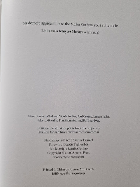 A white book cover or printed page with black text acknowledging Maiko San featured in a book, followed by thanks and publication credits including Olivier Desmet, Ted Forbes, Ramiro Pentino, and Arrton Art Group.
