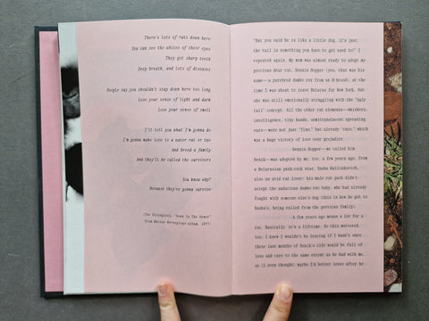 A pink book spread with text