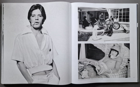 An open book spread showing black-and-white photographs. The left page features a large portrait of a person in a light shirt, and the right page contains two smaller black-and-white scene photographs.