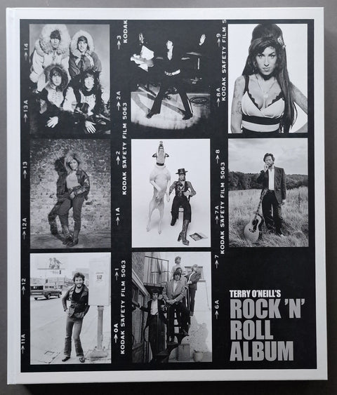 Terry O'Neill's 'Rock 'N' Roll Album' book cover featuring a black and white grid of nine film stills with Kodak Safety Film borders and bold white title text on a black background.