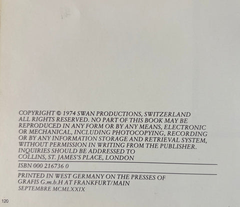 A close-up of a book's copyright page printed in black text on an off-white page, showing publisher details for Swan Productions and printing press information.