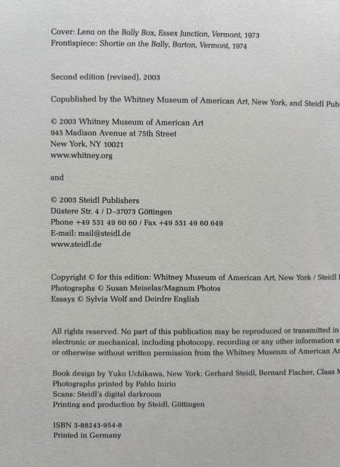 A scanned book cover page showing publication details and copyright text for an essay book published by the Whitney Museum of American Art and Steidl Publishers.