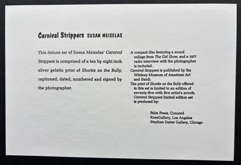 A printed product information card for 'Carnival Strippers' by Susan Meiselas, showing black text on a white background with publisher and gallery details at the bottom.