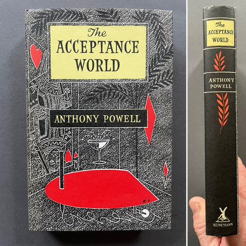 The image shows a UK first edition of the novel 'The Acceptance World' by Anthony Powell. The book is in near fine condition with a previous owner inscription on the half title page.