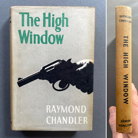 A comparison image showing the spine of a hardback book titled 'The High Window' by Raymond Chandler. The top image displays the book's cover with a gun and the title, while the bottom image shows the book's spine with a hand holding it.
