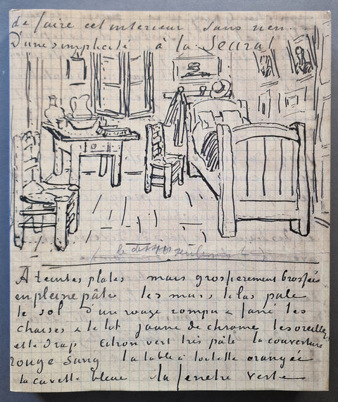 Volume 6 cover - A square paper artwork showing a hand-drawn black ink sketch of a bedroom interior with furniture and handwritten French text above and below the drawing, photographed against a dark background.