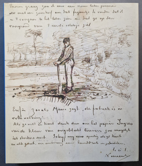 First volume cover - A vintage Dutch handwritten letter on aged beige paper, featuring a pencil sketch of a man working in a field. The letter is written in Dutch script and includes a blue border on the left side.