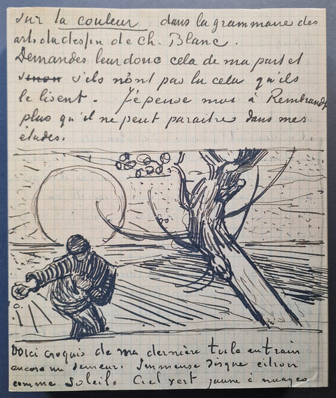 Volume 4 cover - A handwritten notebook page with French text and a black ink illustration showing a tree, a person, and a large sun. The page is photographed against a dark blue background.