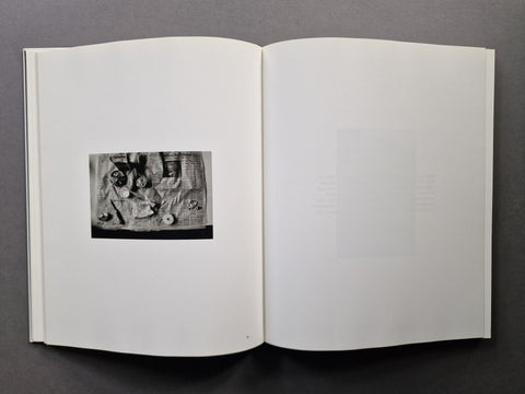An open book spread showing a small photo of lunch on newspaper on the left.