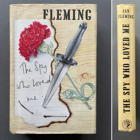 The image shows the cover of two books in the James Bond series by Ian Fleming. The first book, titled 'The Spy Who Loved Me,' features a dust jacket with a red flower, a dagger, and the title in a playful, vintage design.
