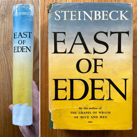 The book cover of East of Eden by John Steinbeck. Hardback with yellow and blue gradient dust jacket.