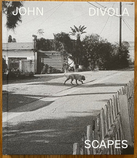The photobook cover of Scapes by John Divola. In gardcover black and white with a dog walking on the street.