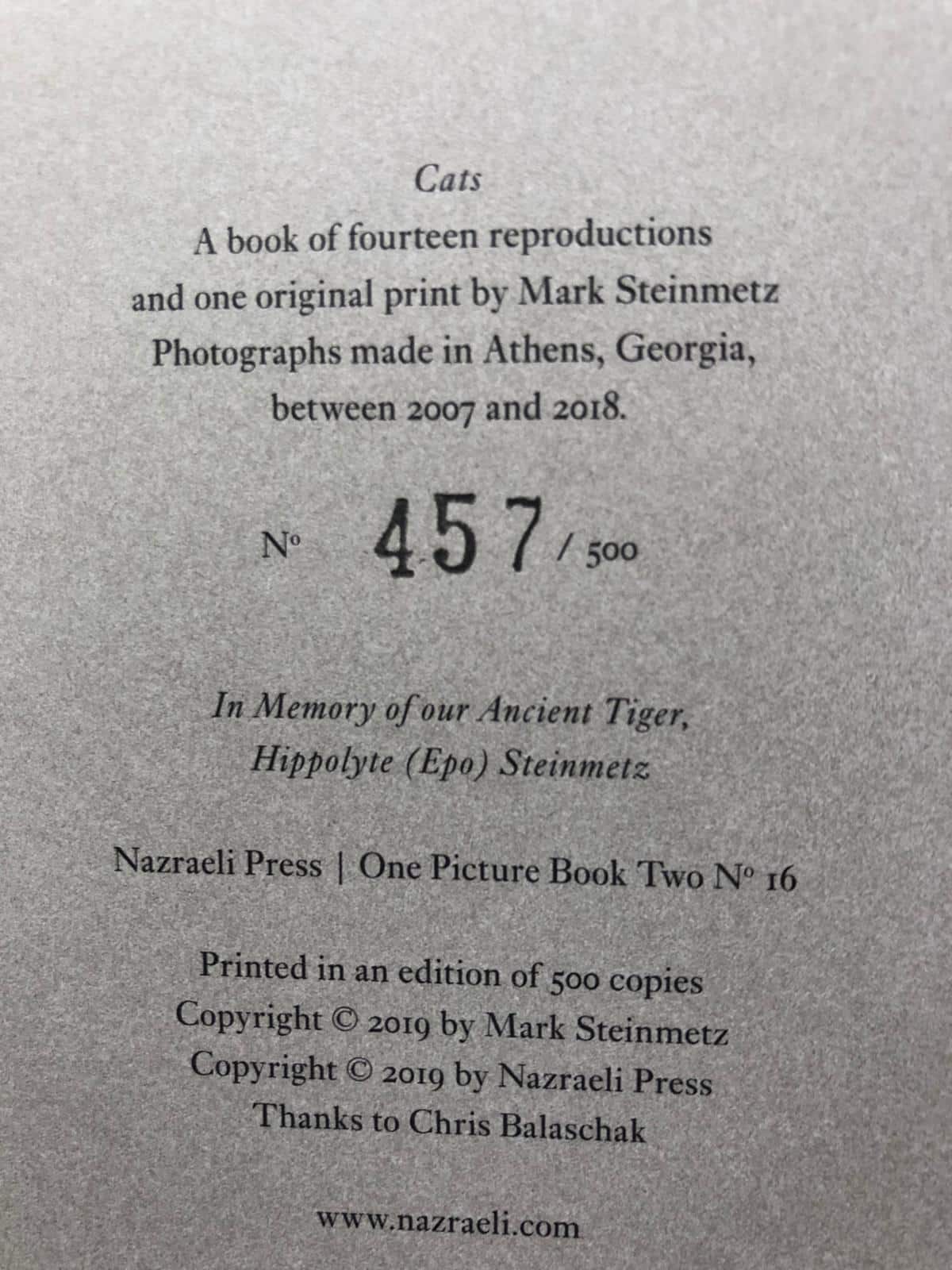 Buy Cats (One Picture Book) by Mark Steinmetz signed with print