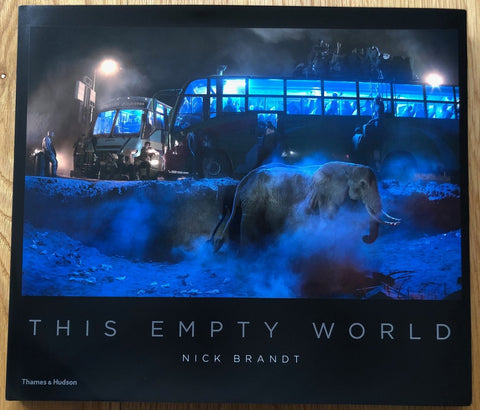 The photography book cover of This Empty World by Nick Brandt. Hardback in black with image of an elephant inside a large pothole.