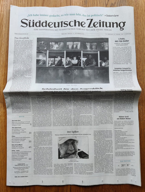 Newspaper Suddeutsche Zeitung featuring photography exhibition by Robert Frank (Books and Film, 1947 - 2014).